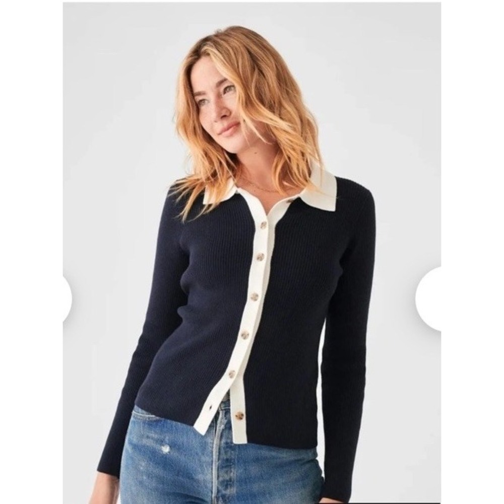 Faherty Mikki Cardigan Women's L Cashmere Cotton Navy Contrast Button Up Sweater